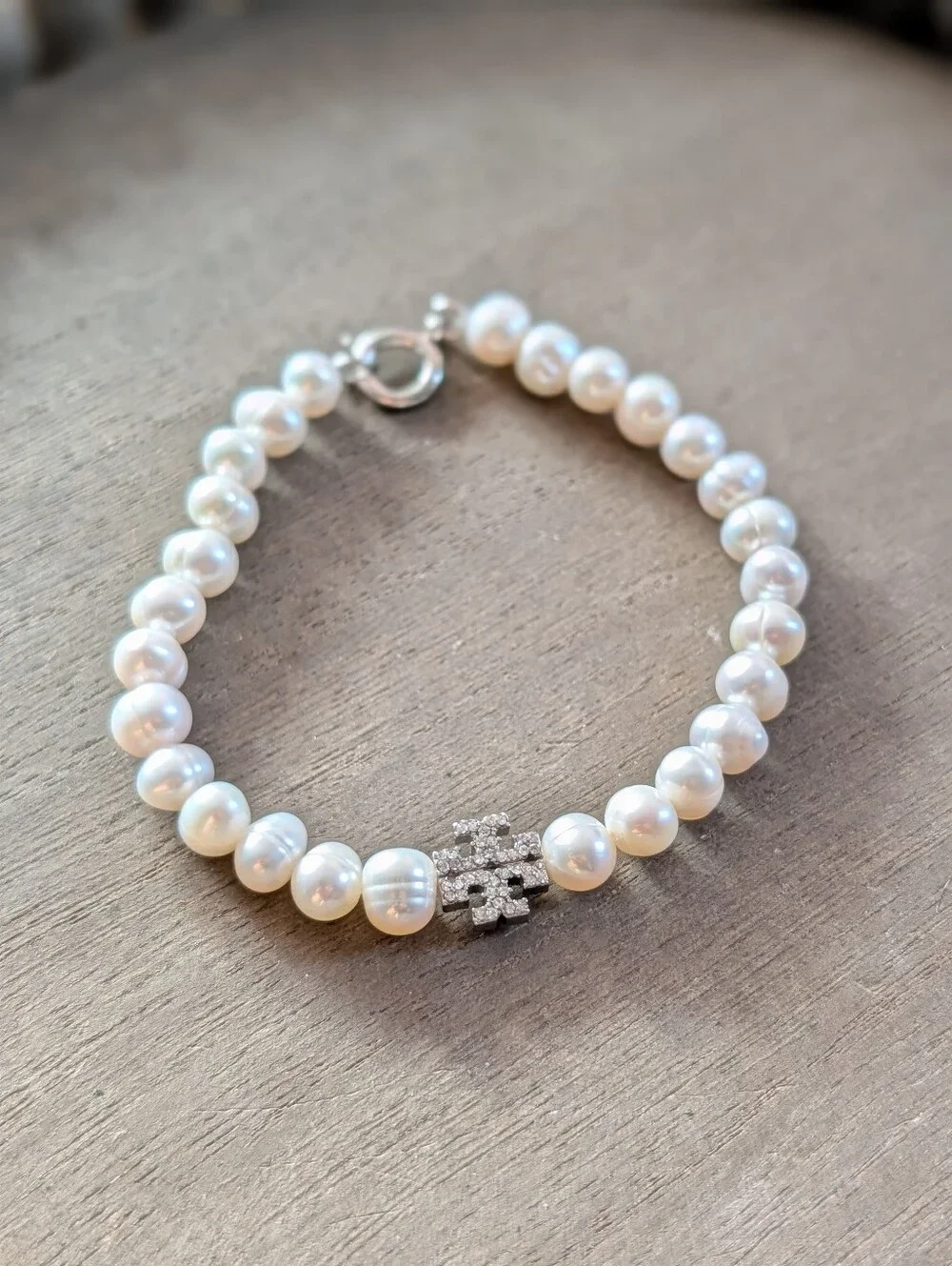 TORY BURCH Moondance Pave Pearl Double T Logo Bracelet